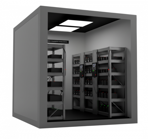 sala de almacenamiento para baterías de litio con sistemas de control y estanterías
